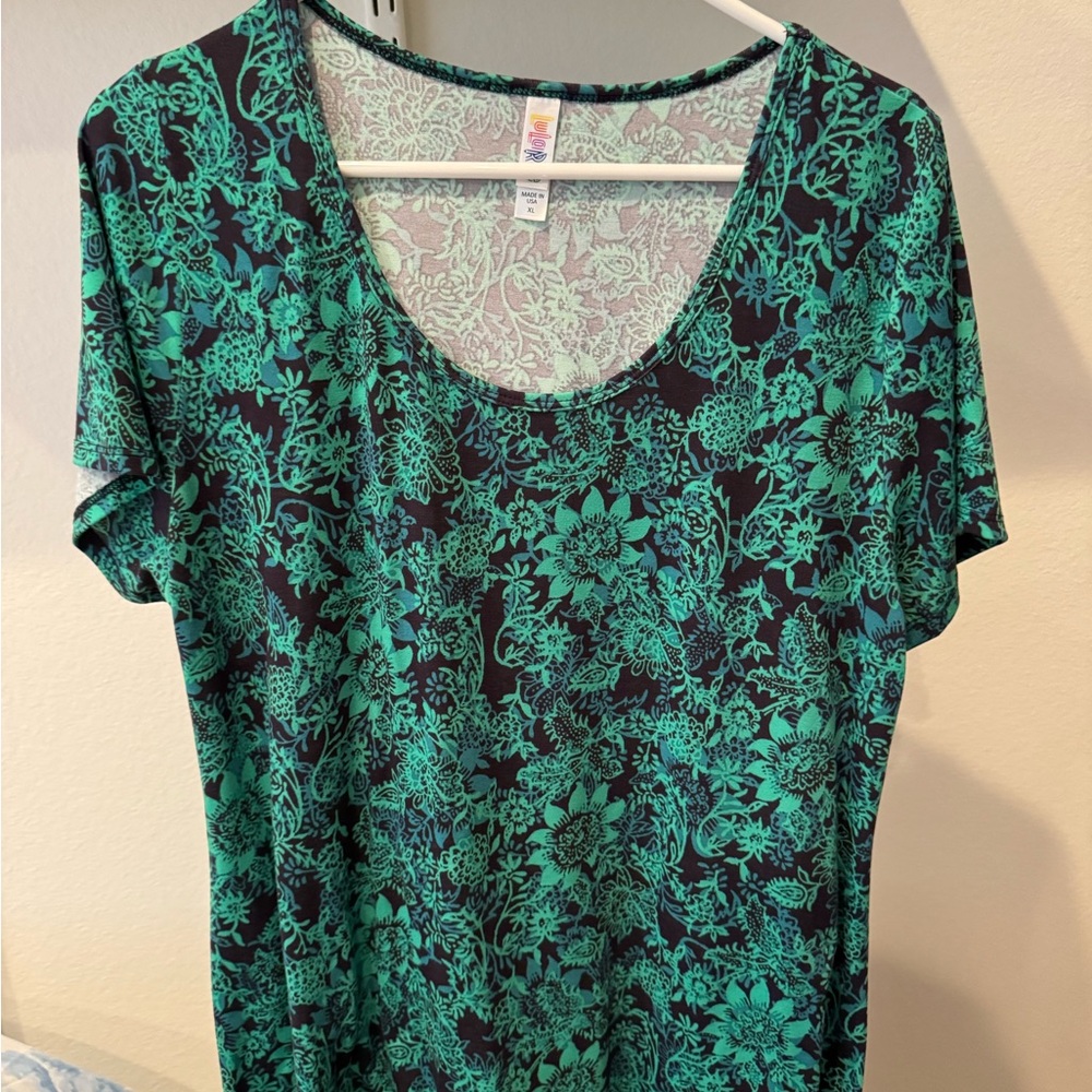 LuLaRoe Black Scoop Neck Top with Teal Floral Print